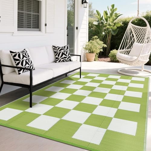 GarveeHome Large Outdoor Rug 9 x 18 Waterproof Modern Checkboard Plastic Straw Rug, Foldable Reversible Camping Mat, UV-Resistant Geometric Plaid Woven Carpet for Picnic, Deck, Green White - Image 3