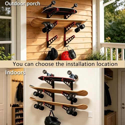 Skateboard Rack Wall Mount with Hooks, Metal Holder for Longboards, Snowboards and Skis, Sports Equipment Organizer for Home Garage - Image 4