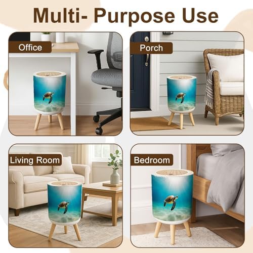 Trash Can with Lid Beautiful Hawaiian Green Sea Turtle Small Garbage Can with Legs Waste Bin Press Cover Wastebasket for Kitchen Bathroom Living Room 7L/1.8 Gallon - Image 5
