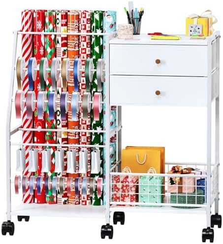 TC-HOMENY Wheeled Wrapping Paper Organizer Gift Wrap Ribbon Rack Blueprint by TC-HOMENY