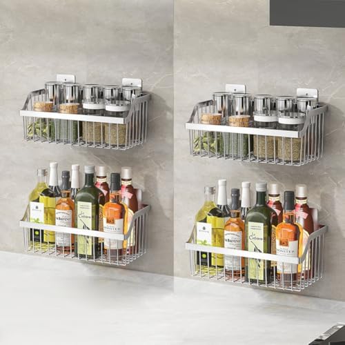Hanging Kitchen Baskets, Storage Spice Shelf, Wall Mount Storage Baskets, SUS304 Stainless Steel Basket for Kitchen, Bathroom, Storage, 4 Pack, L 11.8Inch, D 6.3Inch, H 4.75Inch by kaileyouxiangongsi