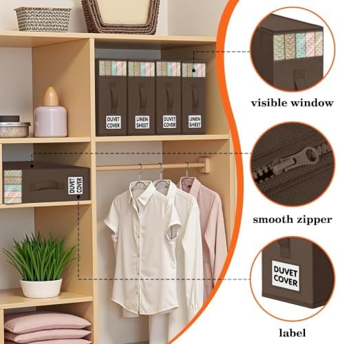 WOWBOX Sheet Organizers and Storage,Closet Bed Sheet Organizer Under Bed Storage and Organization with Label Cards & Clear Window for Bedding Sheets,Duvet Covers,Blankets (10 Pack，Brown) - Image 2