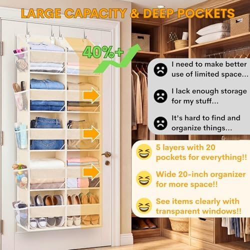2 Pack Over the Door Organizer 5 Tiers, Extra Large Behind Door Storage of 10 Compartments, 80 lbs Weight Capacity Over Door Organizer, Door Hanging Organizer for Closet, Diaper Organizer, Beige - Image 2