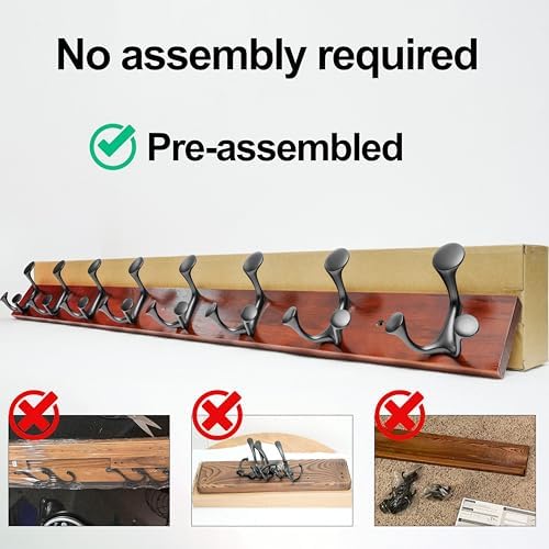WEBI Coat Rack Wall Mount,24" Solid Wood Coat Hooks Wall Mounted Coat Hanger,16" Hole to Hole,Heavy Duty Hook Rack Rail,4 Triple Hooks for Hanging Coats,Jacket,Clothes,Hat,Backpack,Cherry - Image 6