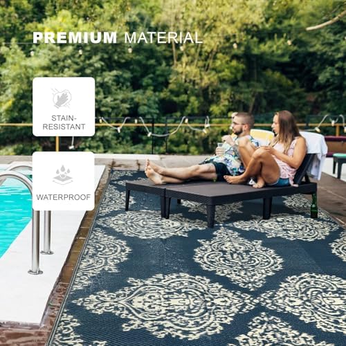 wikiwiki Outdoor Rug, 9x12ft Waterproof Reversible Mat Indoor Outdoor Rugs Carpet, Small Area Rug Plastic Straw Rug for Patio Deck Balcony Pool RV Camping Beach Picnic, Blue & Beige, Rugscape Series - Image 4