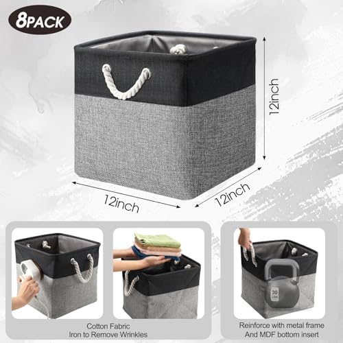 meekoo 8 Pack Fabric Storage Bins Baskets, 12 x 12 x 12in, Black Gray - Image 2