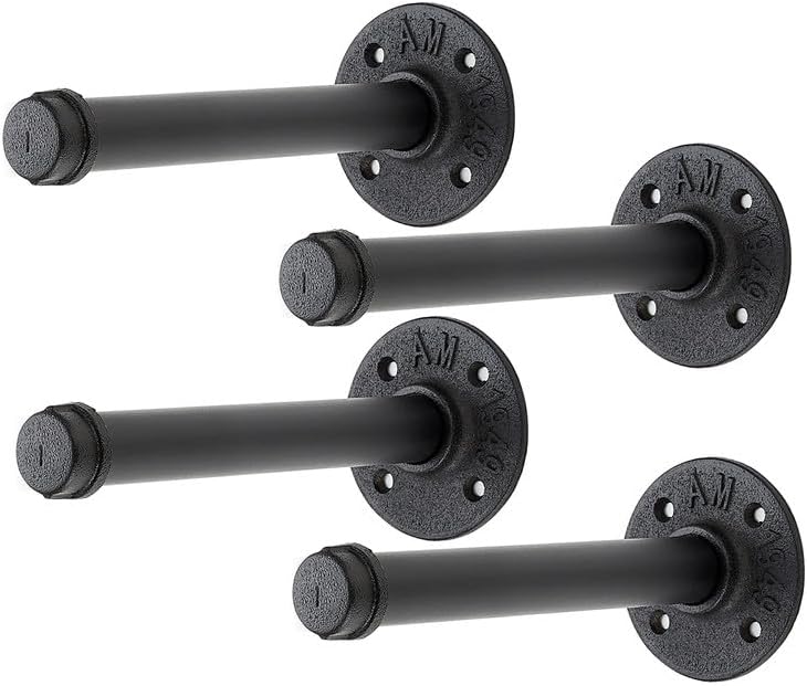 6 Inch Black Industrial Pipe Floating Clothing Rack Wall Mounted, 4 Pack by HomeExpert