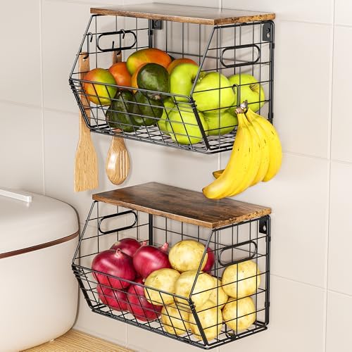 Delamu Stackable Metal Fruit Basket with Wood Lid 2 Pack, Hanging Wall Organizer for Kitchen Counter, Pantry Storage for Onions, Potatoes, Garlic, Fruits, Spices, Black by DELAMU