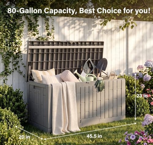 LAUSAINT HOME 80 Gallon Resin Deck Box, Package Delivery Box with Lockable Lid, Waterproof Outdoor Storage Box For Garden Tools, Patio Cushions(80 Gallon,Grey) - Image 2