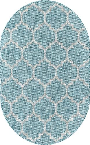 Unique Loom Outdoor Trellis Collection Area Rug - Trellis (Oval 3' 3" x 5' 3", Aquamarine/ Gray) - Image 3