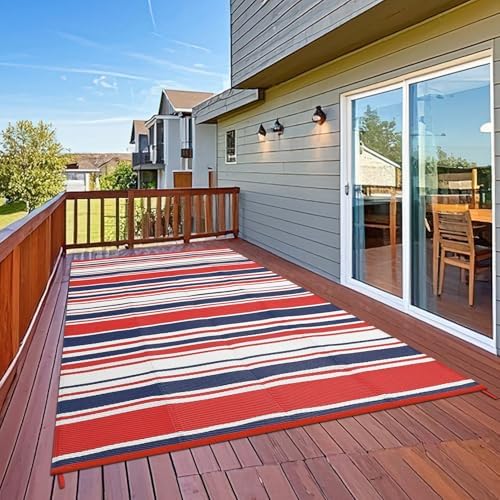 GAOMON 10x14 Outdoor Rug Waterproof for Patio Plastic Straw Large Rug Geometric Stripe Indoor Outdoor Area Rug Modern Lines Outdoor Camping Rugs for RV Porch Deck Trailer Beach, Red Navy White - Image 3
