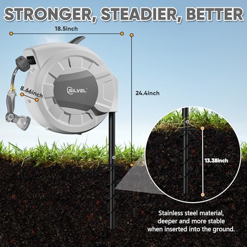 SILVEL Automatic Retractable Garden Hose Reel on Metal Spike, 1/2 in x 90FT Ground Mounted Outside, UV Resistant with 10 Pattern Nozzle, 360° Swivel, No Holes in Your House, Easy Installation - Image 5