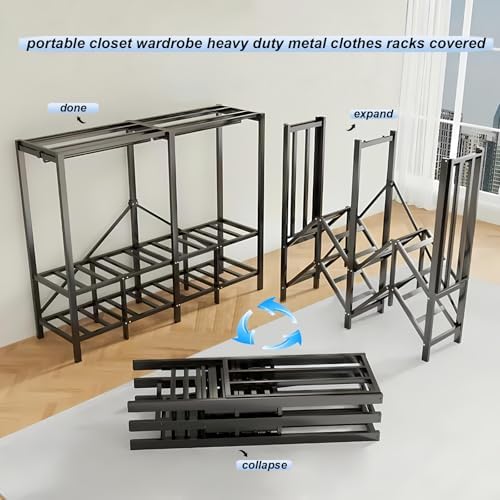 95.3in Heavy Duty Foldable Wardrobe with Cover, Load 1200lbs Grey - Image 6