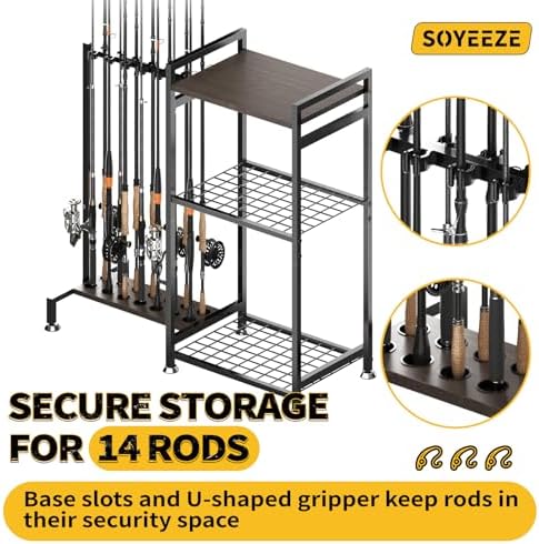SOYEEZE Fishing Rod Holder for 14 Rods, Ground Stand Fishing Pole Holders for Garage, 2-Sided Vertical Fish Rod Rack for Tackle Box, Fishing Supplies,a Display Fish Gear Storage Gift for Man - Image 3