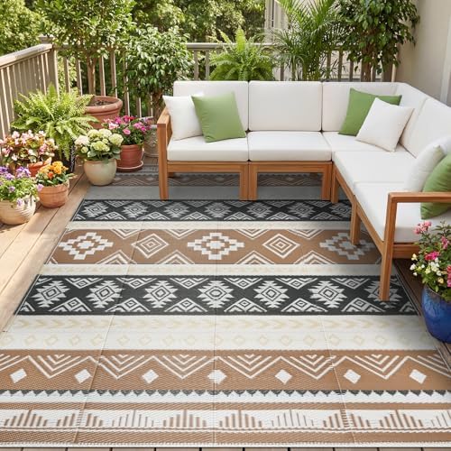 famibay Outdoor Rug Reversible Portable Plastic Straw Camping Rugs, Large Waterproof Outdoor Area Rugs for Patio, RV, Backyard, Deck, Balcony, Picnic, Beach 8x10 Brown by Famibay