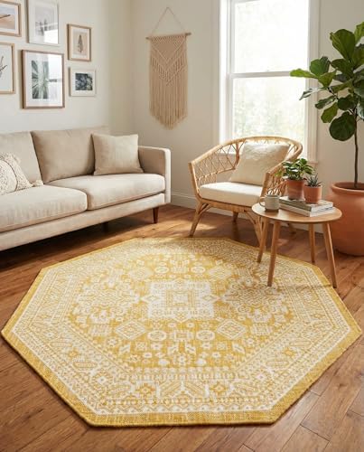 Rugs.com - Outdoor Aztec Rug – 5 Ft Octagon Yellow Indoor/Outdoor Rug – Washable, Stain-Resistant Flatweave for Patios, Decks, and Porches - Image 5