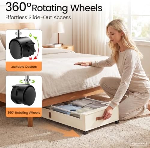 Yecaye 70L Large Under Bed Storage Containers with Wheels, 2 Pack, Beige - Image 3