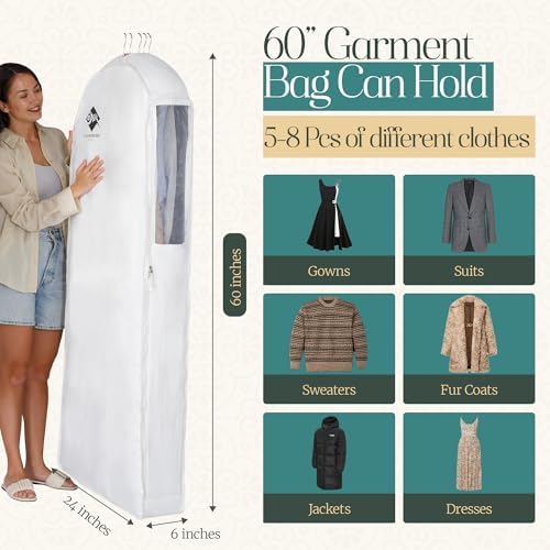 Premium 60” Cotton Garment Bag For Hanging Clothes And Storage | Wide 6” Gusset & 4 Cedar Blocks For Fresh Smell And Clothes Protection | Best For Fur Coats, Long Dresses, Gowns, Tuxedos and more - Image 3