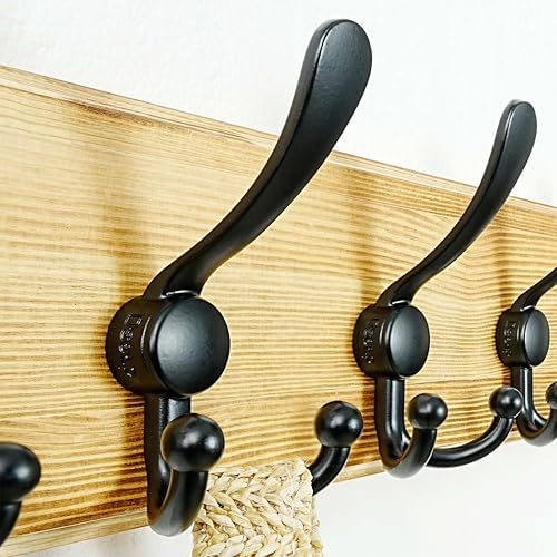 Dseap Coat Rack Wall Mount - Heavy-Duty Robust Rustic Wooden Wall Coat Hanger Hook Rail with 5 Triple Hooks for Winter Coats Hat Jacket Clothing, Light Brown & Black, Pack of 2 - Image 4
