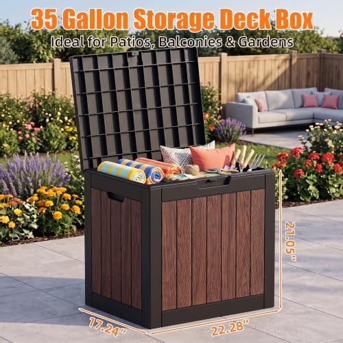 Vixzen 35 Gallon Deck Boxes Outdoor Waterproof, Lockable Resin Storage Box with lid for Furniture Cushions, Weatherproof Containers Outside Storage Boxes for Garden Patio Tools(Black Cognac Walnut) - Image 2