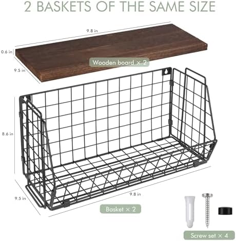 Wall Hanging Baskets 2 Pack Wooden Top Floating Wire Shelves (Extra Large) - Image 2