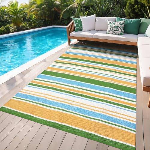 Garvee Modern Geometric 9x12 Outdoor Rug Colorful Lines Blue Green Rugs by Garvee