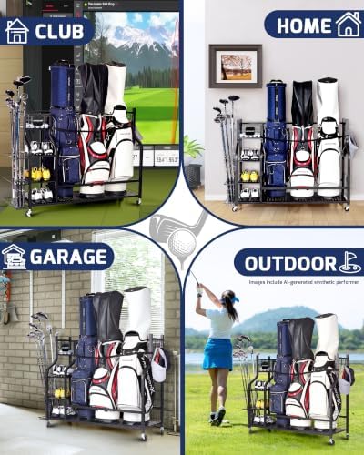 Golf Bag Storage Organizer Rack for Garage, Golf Bag Stand with Rolling Wheels, Heavy-Duty Metal Golf Equipment Organizer for Home, Garage, Clubhouse - Image 4