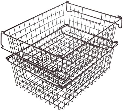 Home-Complete 2 pcs Large Stackable Wire Baskets, 16"x12" Organizer Stacking Storage Bins for Shelf, Pantry, Kitchen, Cabinets, can also be used in Chest Freezers (Brown) by Home-Complete