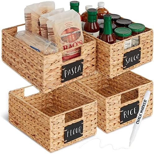 Best Choice Products Set of 4 9x12in Water Hyacinth Pantry Baskets, Woven Organizers w/Chalkboard Label, Chalk Marker - Natural by BestChoiceProducts