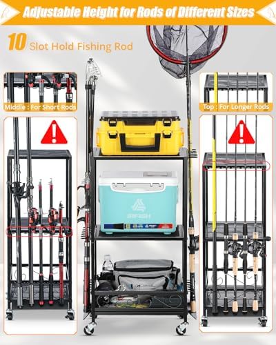EXTCCT Fishing Rod Holder - Fishing Pole Rack for 10 Rods - Adjustable Height Fishing Gear Equipment Organizer Storage Solution for Garage Basement or Indoor - Image 2