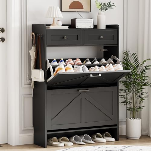 Shoe Cabinet with 2 Flip Drawers & 2 Top Drawers, 43" Tall Freestanding Narrow Wooden Shoe Storage Organizer for Entryway, Hidden Slim Shoe Rack for Front Door Entrance, Hallway, Living Room, Black by Xixini