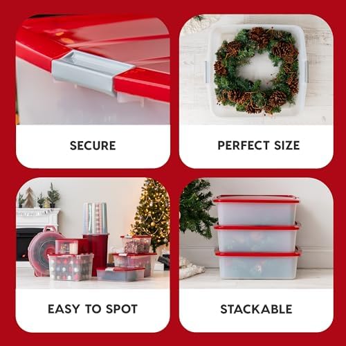 IRIS USA 33 Quart Christmas Wreath Storage Container Box with Lid, 3-Pack, Stackable Under Bed Storage Organizer Bin with Latching Buckles for 20" Wreaths Christmas Decorations Garlands, Clear/Red - Image 3