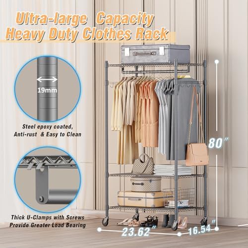 Homdox Narrow Rolling Garment Rack with Double Rods and 3 Adjustable Shelves, Compact Portable Closet Organizer for Bedroom, Dorm, Laundry Room, 23.62" W x 16.54" D x 80.71" H, Gray - Image 3