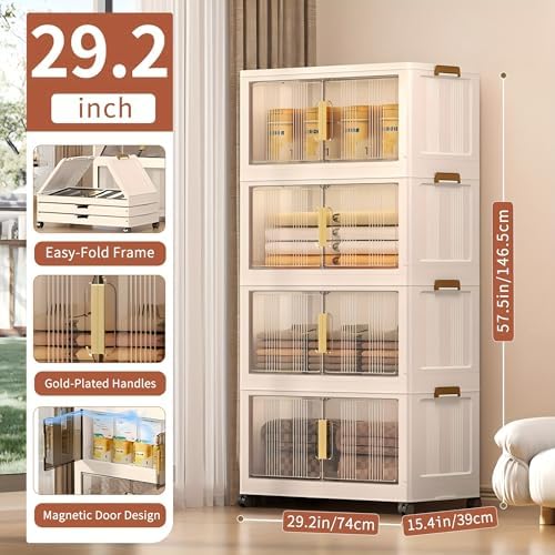 Storage Bins with Lids, 4 Tier 340 QT Stackable Plastic Storage Bins, Foldable Storages Boxes with Magnetic Doors and Wheels for Clothes, Snacks, Books, Folding Containers for Home Office - Image 2