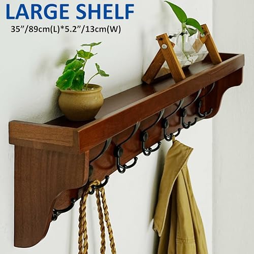 WEBI Wall Shelf with Hooks Underneath,35" Long Coat Rack Wall Mount with Shelf,Entryway Coat Rack with 7 Triple Hooks for Hanging Coats,Jacket,Bathroom,Cherry - Image 5
