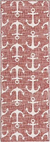 Unique Loom Outdoor Coastal Collection Area Rug - Ahoy (2' x 6' 1" Runner, Rust Red/ Ivory) - Image 3