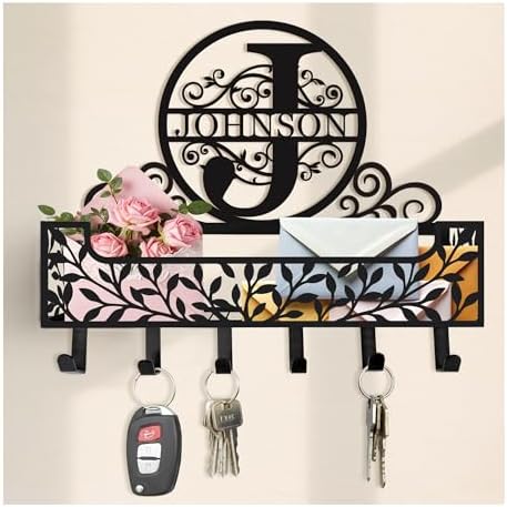 Personalized Metal Monogram Family Name Key and Mail Holder, Wall Mount Entryway Organizer with Hooks, Custom Key Rack for Kitchen, Bathroom, and Home Storage by custommetalsign