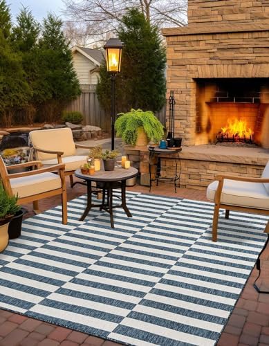 Unique Loom Outdoor Striped Collection Area Rug - Striped (10' Square Blue/Ivory) - Image 5