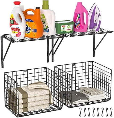 3IngSeagulls 2 Pack Laundry Room Shelves, Wire Baskets with 8 Hooks, Over Washer and Dryer Shelf, Wall Mounted Storage and Clothes Drying Rack, Black by 3IngSeagulls