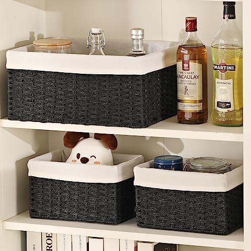 Vagusicc Storage Basket, 3-Pack Woven Paper Rope Wicker Baskets for Storage with Handles, 15 Inches Large Cube Storage Bins Woven Storage Baskets with Liners for Shelves Organizing & Decor, Black - Image 5
