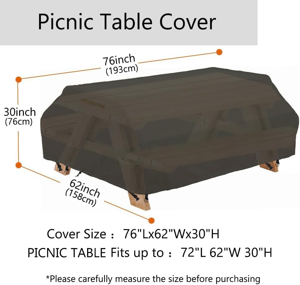 Picnic Table Cover Waterproof 70 / 72 Inch 600D Oxford Outdoor Table Cover with Bench Covers for Winter Black (6FT-70/72inch（Black）) - Image 2