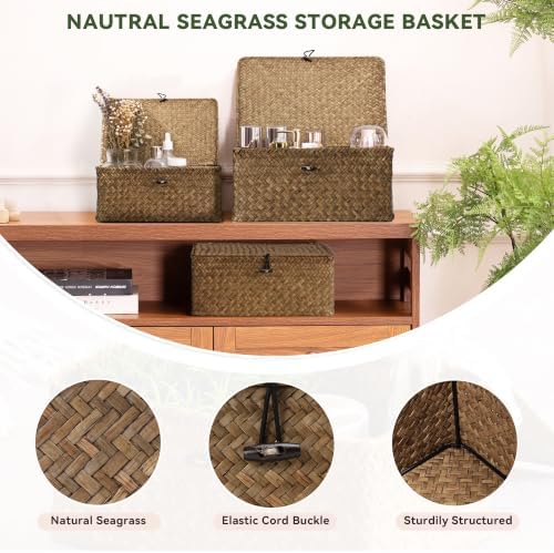 Nonam Wicker Storage Basket with Lid,Seagrass Shelf Basket Set of 3,Coffee - Image 5