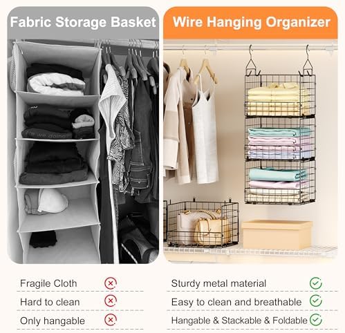 Sonyabecca 5-Tier Hanging Closet Organizer – Black Closet Storage Shelves with Wire Baskets for Clothes, Handbags, Sweaters & Accessories, Includes 2 Hanging Hooks & 5 S-Hooks - Image 7