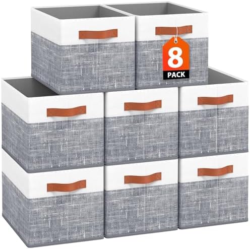 Fab totes Collapsible Storage Baskets for Shelves,14"x10", 8 Pack Foldable Fabric Storage Bins with Double Leather Handles, Large Baskets for Organizing Books, Clothes, White & Grey by Fabtotes