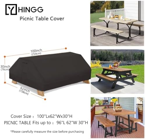 Picnic Table Cover Waterproof 96 Inch 600D Oxford Outdoor Table Cover with Bench Covers for Winter DustProof Heavy Duty (Black, 8Ft-96in) - Image 2