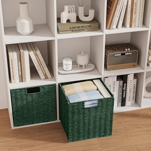 Vagusicc Wicker Storage Basket, Set of 2 Hand-Woven Paper Rope Wicker Baskets, Foldable Cube Storage Bins, Square Storage Baskets for Organizing Shelves & Decor, Green (11″×11″×11″) - Image 3