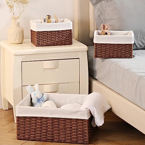 Vagusicc Wicker Basket, Set of 3 Hand-woven Storage Baskets for Organizing, Decorative Rectangle Wicker Storage Basket Bins with Handles, Small Toilet Paper Storage Baskets for Shelves & Decor, Brown - Image 6