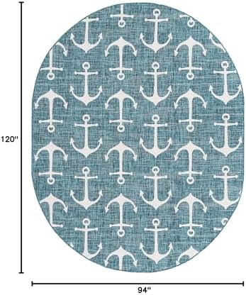 Unique Loom Outdoor Coastal Collection Area Rug - Ahoy (7' 10" x 10' Oval, Teal/ Ivory) - Image 2