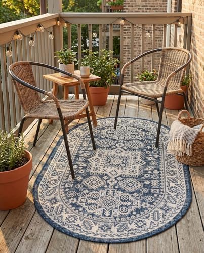 Rugs.com - Outdoor Aztec Rug – 3' 1 x 5' 3 Oval Blue Indoor/Outdoor Rug – Durable Flatweave for Patios, Decks, and Porches by Rugscom