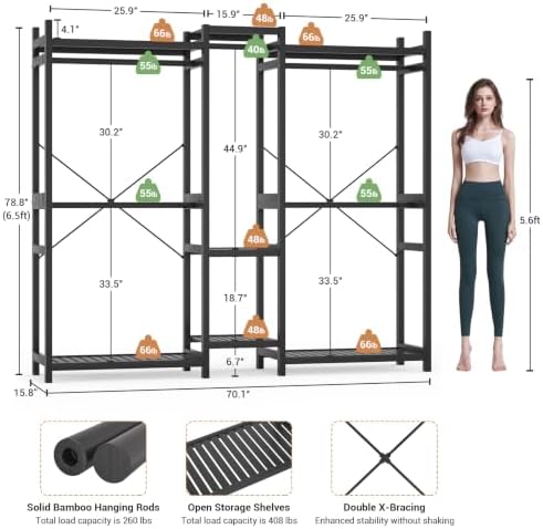 Homykic Bamboo Clothing Rack with 7 Shelves, 5 Hang Rods, 70” Wide, Black - Image 4